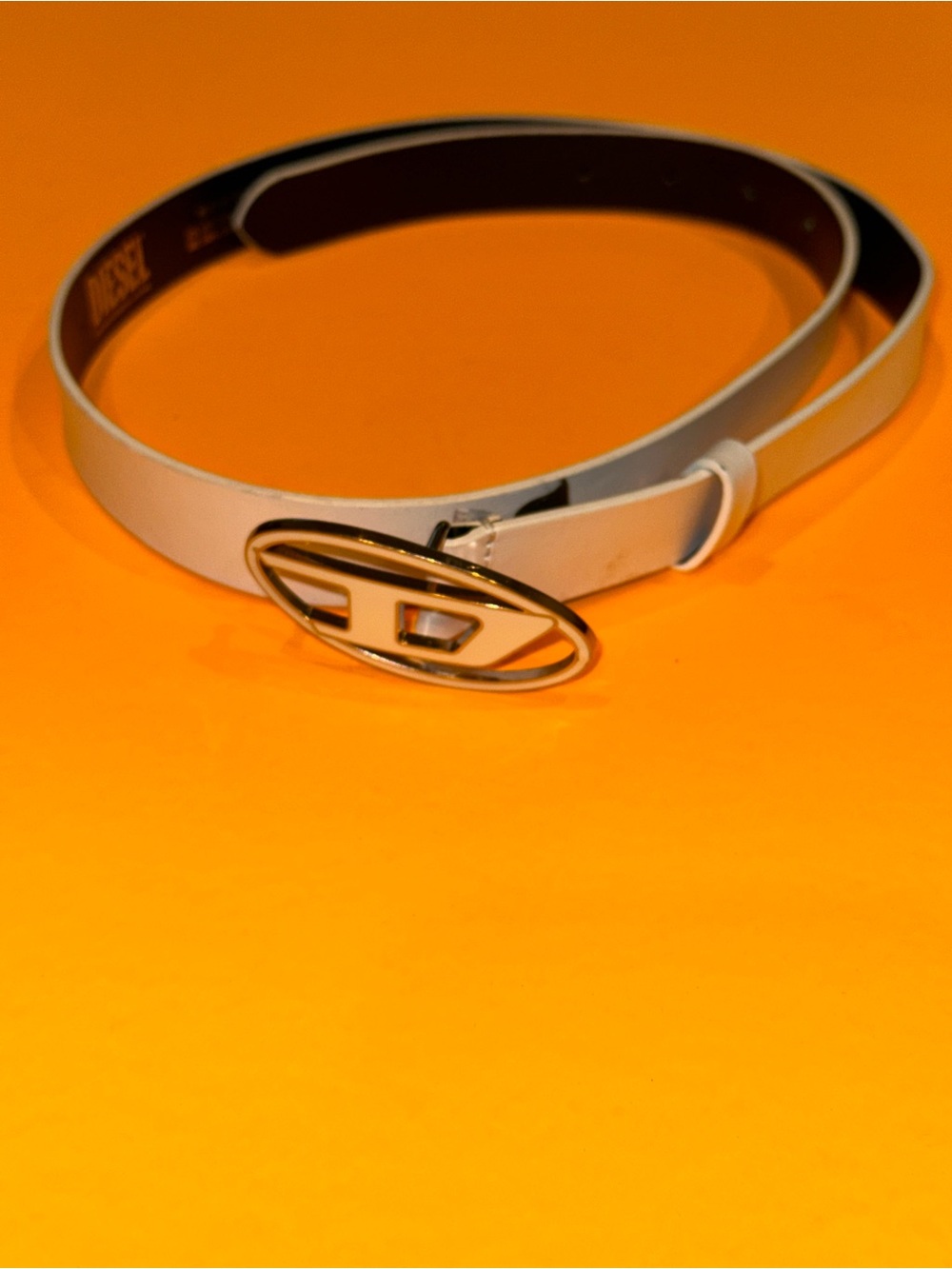 Diesel White Cow Leather Oval Logo Buckled Slim Belt Size 36 Made In Italy READ